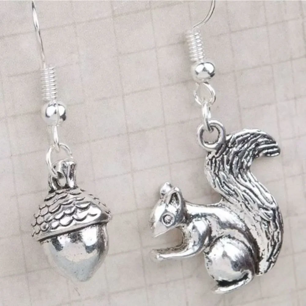 Squirrel Acorn Fall Asymmetrical Silver‎ Earrings